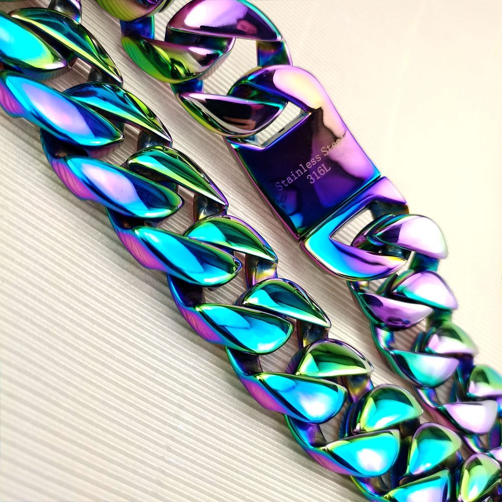 Regenbogenfarbene Vakuumbeschichtung aus 316L Edelstahl, Breite 32 mm, sehr schwere 40-55 cm große Halskette_voghion.com
