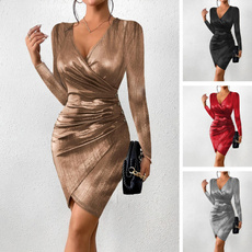 Long Sleeve, Pleated, bronzingfabricdres, Women's Fashion