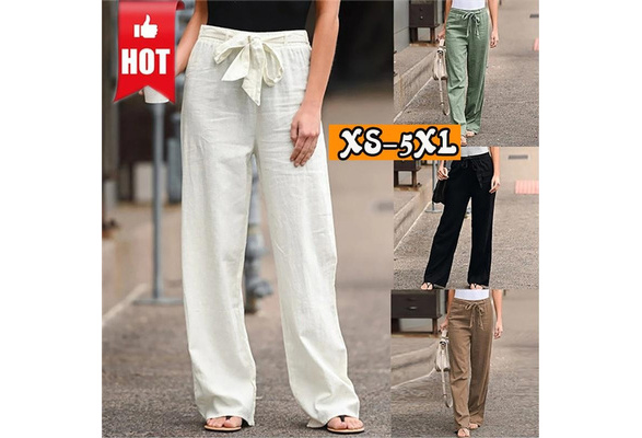 Women's Elastic Waist Solid Color Wide Leg Pants Loose Yoga Pants Ladies  Retro Cotton Linen Straight Leg Pants Plus Size S-5XL