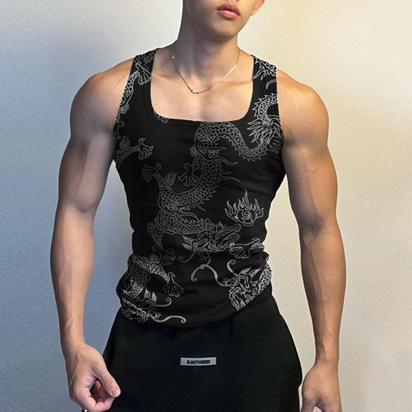 S-3XL Men's Fashion Sleeveless Dragon Printed Vest Slim Fit Gym Tank ...