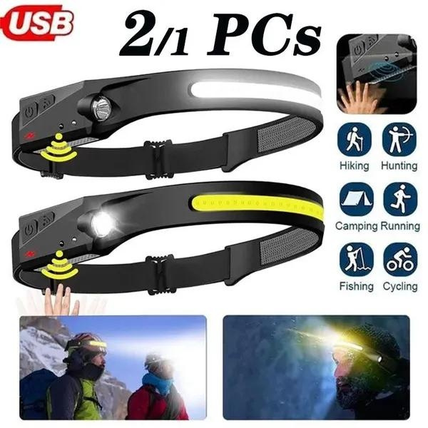 2PCS Headlamp Rechargeable , 230° Wide Beam Head Lamp LED with Motion  Sensor for Adults - Camping Accessories Gear, Waterproof Head Light  Flashlight for Hiking, Running, Repairing, Fishing, Cycling 