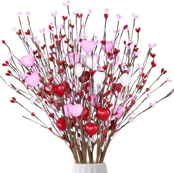1/3/5 Pcs Valentines Day Decor Artificial Hearts Flowers Berry Stems Gifts  Red Pink White Valentine Heart Shaped Picks for Wedding Anniversary Vase  Filler Valentine's Party Decorations