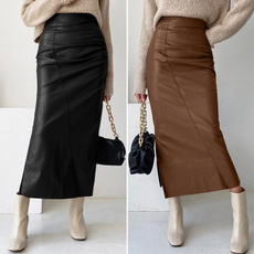 long skirt, pencil skirt, Waist, PU Leather
