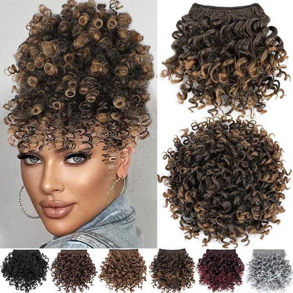 Afro Clip In Bangs Drawstring Hair Bun Chignon Short Curly Hair Afro Clip In Bangs Drawstring Hair Bun Chignon Short Curly Hair
