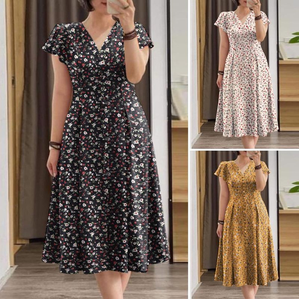 ZANZEA Women's Dresses Vintage Holiday Floral Short Sleeve O-Neck Casual Cotton Linen Loose Midi Dress #7 | Singapore - Foto 3