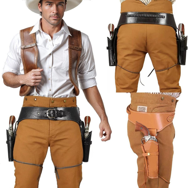 Ceinture Holsters Cowboy Révolver Double – PU, Réglable, Style Western, Pour Cosplay, Halloween (marron)