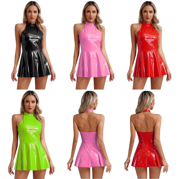 Women Faux Leather Pleated Mini Dress Sexy Halter Neck Wetlook Dresses Clubwear Wish 7088