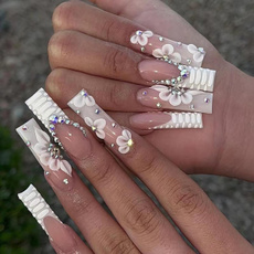 Flowers, bluebutterflyglitterfalsenail, Beauty, pinkbutterflydesignlongnailtip