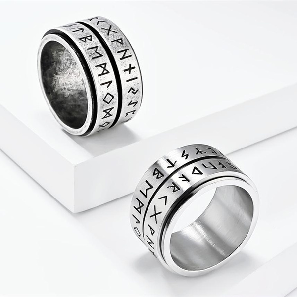 14mm Wide Chunky Nordic Viking Elder Futhark Runes Two-sided Rotatable ...