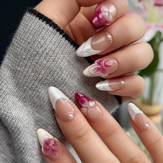 3dbowdesignshinypinkfrenchfalsenail, pink, wearablefullcoverfalsenail, 3dwhiteflowerdesignalmondfakenail
