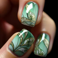 greyrhombusprintdesignswearablefakenail, Blues, sparklingpowdergoldenlinedesignsfalsenail, Beauty