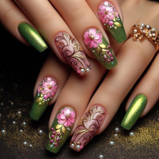 greenflowersgradientpressonnail, littleyellowflowerpressonnail, Beauty, cute