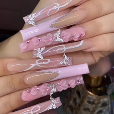 pinkbutterflywithrhinestonesfrenchfakenail, pink, blackfrenchfalsenail, serpentineflowerwithrhinestonesfalsenail