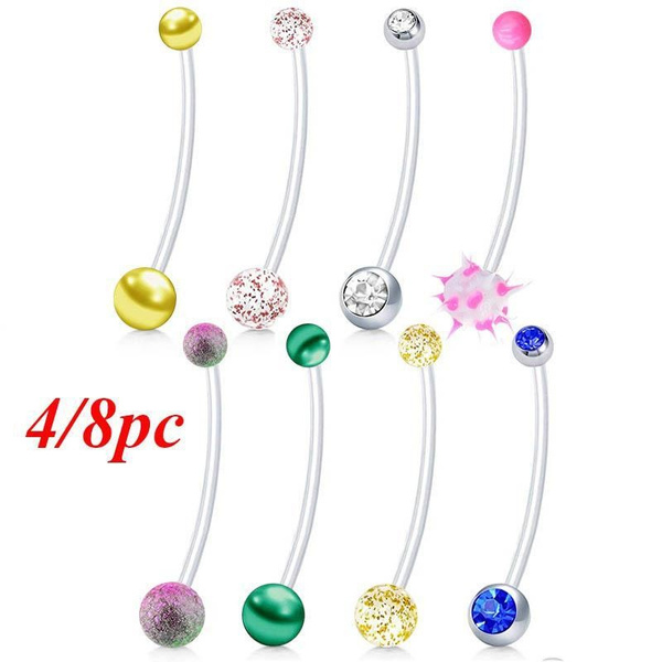 4/8PC Pregnancy Belly Button Rings Long Bar Flexible Navel Belly Ring ...