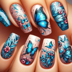 Blues, butterfly, mushroomdesignsmediumcoffinfalsenail, blueflowerbutterflywearablefakenail