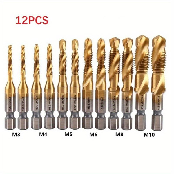 12pcs Titanium Coated HSS Tap Drill Bits Set Hex Shank Screw Thread Bit ...