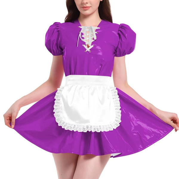 French Maid Outfit Puff Short Sleeve Mini Dress with Apron PVC Leather ...