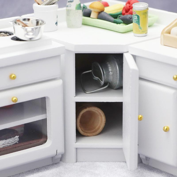 Miniature Dollhouse Kitchen Set: 1:12 Scale White Cabinets & Furniture ...